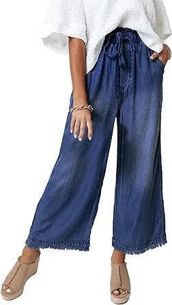 Valphsio Women's Baggy Wide Leg Jeans Tie Waist Chambray Culottes Tassel Pants Crop Length