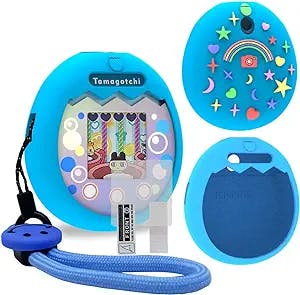 Silicone Cover Case Compatible with Tamagotchi Pix Virtual Pet Machine, Protective Skin Sleeve for Tamagotchi Pix Accessories Screen Protector with Hand Strap (Blue)