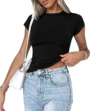 Y2k Short Sleeve Crop Top Women Slim Fit Sexy Basic Solid T Shirts Crewneck Cropped Fitted Tees Summer Clothes