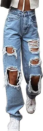 Lovely Nursling Jeans for Teen Girls Baggy, Women's Ripped High Waisted Jeans Distressed Stretch Straight Jean