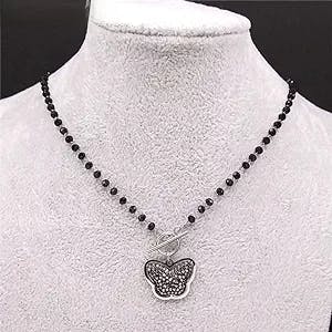 KOOLKING Butterfly Black Crystal Stainless Steel Choker Necklace Women Silv