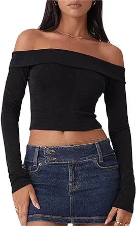 Womens Y2k Fairy Off Shoulder Long Sleeve T-Shirts Basic Fitted Crop Top Tee Solid Ribbed Knit Pullover Blouse Tops