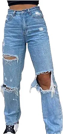 MASZONE Y2K Fashion Jeans for Women Button High Waist Pocket Elastic Hole Jeans Trousers Loose Denim Pants Streetwear