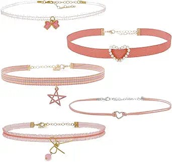 Nova&Aria Pink Chokers Set For Women Heart Pearl Choker Necklaces Flower Pendant Velvet Cute Turquoise Blue White Black Choker Necklace Classic Tattoo Colorful Lace Chokers For Teen Girl