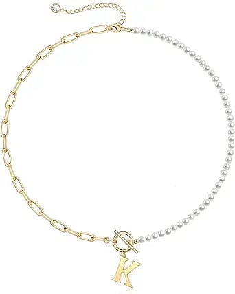The Perfect Necklace for Y2K Babes: Gold Initial Pearl Necklace for Women R