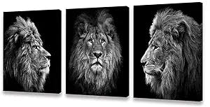 Muolunna Wall Art Black and White Lion Head Portrait Wall Art Painting Pictures Print 3 Pieces Canvas Animal for Bedroom Living Room Office Wall Decor Home Decoration Framed Ready to Hang