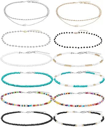 seAer 12 Pcs Beaded Choker Necklaces for Women Girls Handmade Y2K Choker Necklace Pack Boho Colorful Bead Necklace Set Bohemian Beach Jewelry