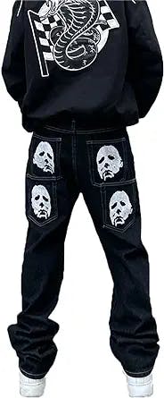 CZVEVOY Men's Streetwear Fashion Printed Baggy Jeans Vintage Hip Hop Style Straight Leg Denim Trousers with Multi Pockets