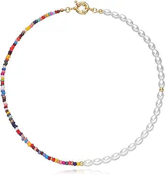 Bohemian Bead Pearl Choker Necklace for Women Girl Teen Men Handmade Colorful Seed Beaded Boho Choker Y2K Jewelry