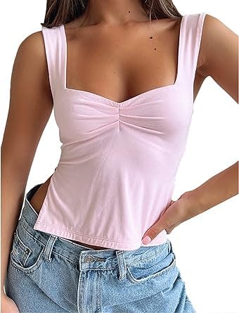 Womens Sleeveless Strappy Tank Top Sexy Side Split Sweetheart Neck Going Out Crop Tops Y2k Basic Cami Shirt