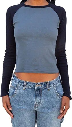 Y2k Women Slim Fit Shirt Long Sleeve Stretch Fitted Raglan T-Shirt Tops Baseball Tee Shirts 90s 2000s Clothing