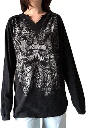 Women Y2K Graphic Print V Neck Oversized Tshirts Casual Vintage Tops Tee Harajuku Dark Academia 90s Streetwear Clothes