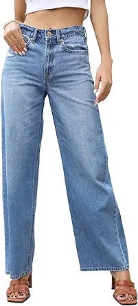 OFLUCK Women High Waisted Wide Leg Baggy Jeans,90s Boyfriend Jeans with Pockets