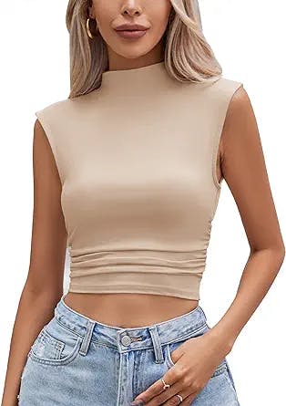 IECCP Women's Sexy Mock Neck Sleeveless Crop Tank Tops Side Ruched Daily Blouse Trendy Summer Outfits