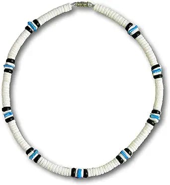 Native Treasure White Clam Heishe Puka Shell Necklace Blue Chip 2 Black Coco Surfer Beach Necklace - 8mm (5/16")