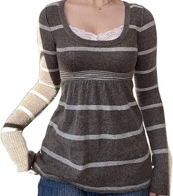 Women Y2K Long Sleeve Top Tee Sexy Stripe Square Collar Shirt Vintage Knit Basic Blouse Tops Streewear