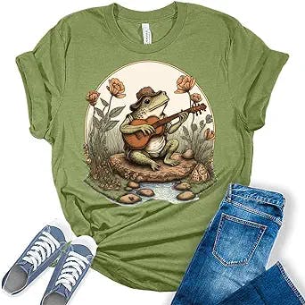 Cottagecore Shirt Aesthetic Frog Playing Guitar On Rock T-Shirt Women's Graphic Print Bella Y2k Top