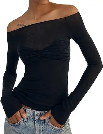 Women’s T Shirts Tops Off Shoulder Sexy Knitted Mesh Sheer See Through Tops Long Sleeve Y2K Party Club Night Out Blouse Tops