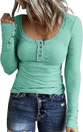 KINLONSAIR Women’s Long Sleeve Henley T Shirts Button Down Slim Fit Tops Scoop Neck Ribbed Knit Shirts
