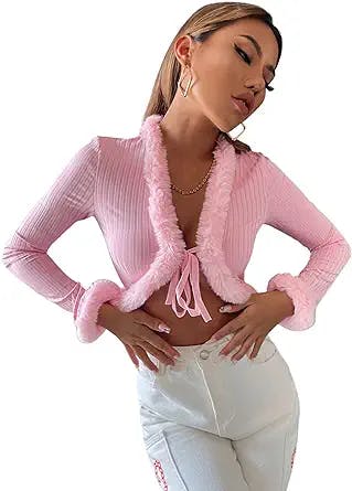 Floerns Women's Faux Fur Collar Zip Up Long Sleeve Crop Top T Shirt