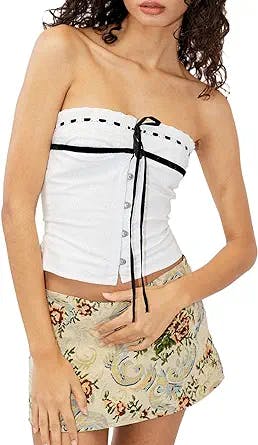 Women's Y2K Lace Trim Bandeau Vest Top Sleeveless Strapless Stretchy Print Wrap Backless Party Bandeau Tops Clubwear