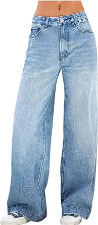 2021 Women's High Waist Baggy Jeans Wide Leg Denim Jeans Flap Pocket Side Jeans Straight Casual Trousers Classic Streetwear