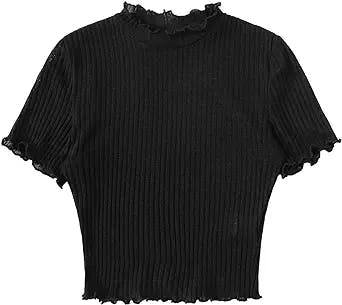 SweatyRocks Women's Lettuce Trim Ribbed Knit Short Sleeve Crop Top T-Shirt