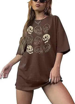 Lauweion Women’s Skull Print Drop Shoulder Tee Oversized Graphic T-Shirt Teen Girls Baggy Trendy Funny Shirt