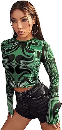 SOLY HUX Women's See Through Tops Floral Print Long Sleeve Tee Lettuce Trim Sexy Sheer Mesh Crop Top T Shirts Multicoloured M