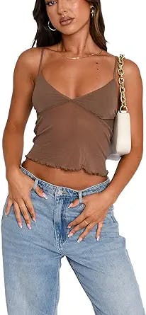 Y2k Sexy Cami Top Spaghetti Strap Lace Trim Sheer Mesh See Through Sleeveless Crop Tops Going Out Tank T Shirt