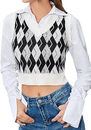 ZAFUL Women's Casual Plaid Vest Y2K Preppy Style Vintage Knitwear Top Argyle Sleeveless Sweater