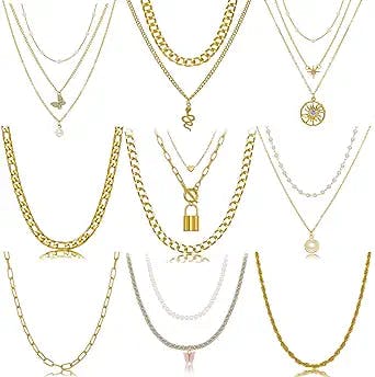 9PCS Gold Layered Chain Necklace for Women Girls, Gold Necklace Set,Y Pendant Necklaces, Pearl Choker Necklace, Chunky Dainty Y2K Goth Lock Coin Butterfly Snake Sun Link Choker Necklace Gold Plated Jewelry