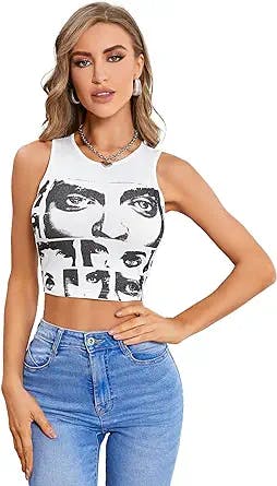 SOLY HUX Women's Casual Figure Graphic Print Sleeveless Crop Tank Top