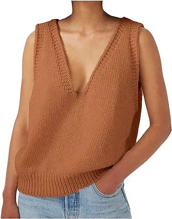 MOKINGTOP Sweater Vest for Women Preppy Style Knitwear Tops Sleeveless V Neck Pullovers Sweater Vest with Side Split Hem