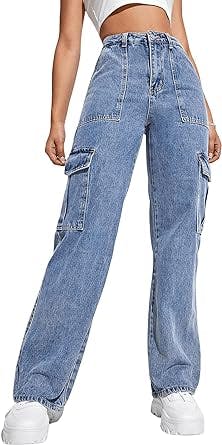 SweatyRocks Women's High Waist Cargo Jeans Flap Pocket Wide Leg Denim Pants