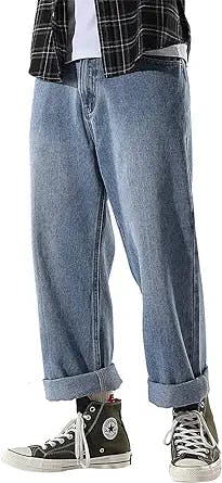 DOSLAVIDA Men's Work Jeans Casual Hip Hop Cargo Solid Color Loose Fit Straight Wide Leg Cotton Denim Pants with Zipper