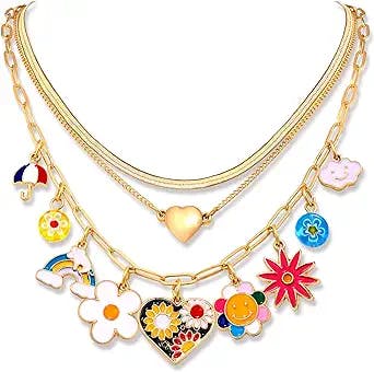Y2k Gold Layered Necklace for Women Colorful Smiley Face Flower Heart Pendant Choker Adjustable Dainty Butterfly Mushroom Charms Beaded Paperclip Chain Necklace Funny Jewelry