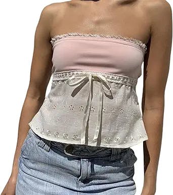 Womens Y2k Sexy Sheer Lace Frill Strapless Tube Crop Tops Fairy Grunge Sleeveless Summer Bandeau Vest Top Streetwear