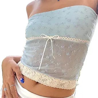 Womens Lace Trim Tube Crop Tops Sheer Mesh Backless Strapless Tops Fairy Grunge Bandeau Vest Y2k Streetwear