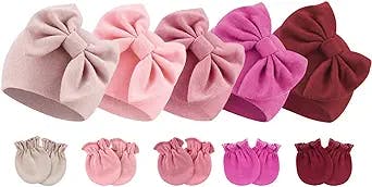 BQUBO Newborn Baby Caps Mittens for Baby Girls Set Hospital Hat Beanie Infant Hats with Bow Baby Scratch Mitten Gloves