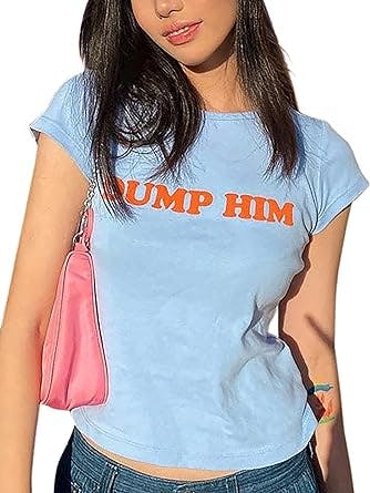 MISSACTIVER Women’s Dump Him Letter Print Crop T-Shirt Streetwear O-Neck Short Sleeve Crop Tops 2000s Aesthetics