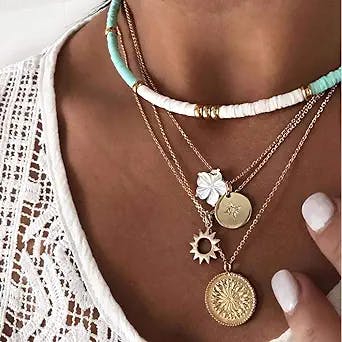 Gangel White Heishi Surfer Choker Layered Necklace Summer Flower Gold Helios Pendant Pretty Stylish Floral Chain Jewelry for Prom Party Dating Gifts for Women and Girls