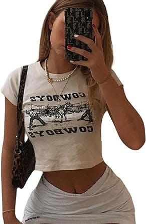 LilyCoco Women's Graphic Short Sleeve Ribbed Knit Crop Top for Teen Girls Crew Neck Slim Fit T-Shirts