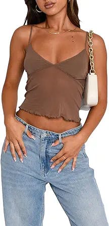 Women Y2k Crop Top Spaghetti Strap Lace Trim Mesh Cami Tank Top Sleeveless Backless Going Out Crop Tops