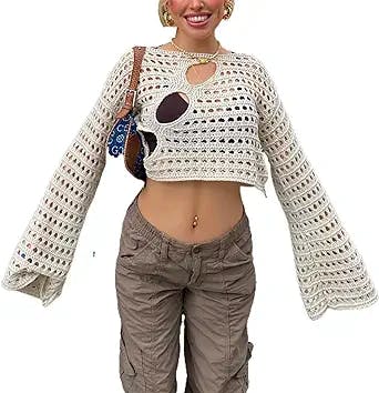 Women Y2K Hollow Out Top Long Sleeve Crochet Knit Crop Tops Sexy See Through Fishnet Top