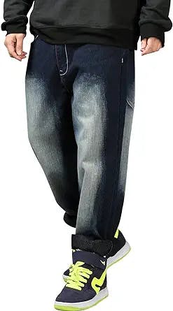 Yeokou Men's Loose Baggy Hip Hop Wash Denim Pants Straight Leg Jeans (Dark-Blue001, 38)