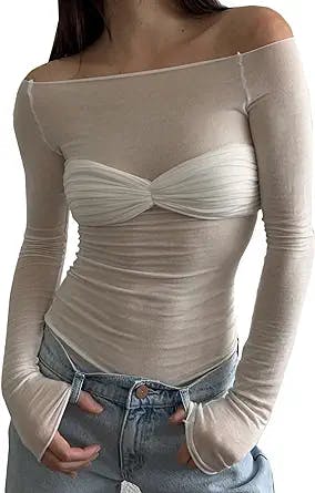 MISSACTIVER Women's Y2K Sexy Off Shoulder Sheer Mesh T-Shirt Solid Ruched See Through Long Sleeve Skinny Tee Shirt Top Party