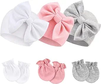BQUBO Newborn Baby Hospital Hats Beanie Bow Infant Caps Baby Cotton No Scratch Mittens Set for 0-6 Months