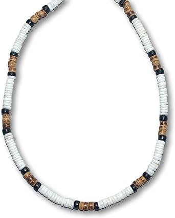 Native Treasure - Mens/Womens White Heishe Puka Shell Black and Tiger Coco Surfer Necklace From the Philippines- 5mm (3/16")