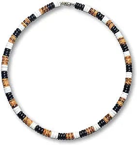Native Treasure White Clam Heishe 3 Black 3 Tiger Puka Shell Necklace - 8mm (5/16")